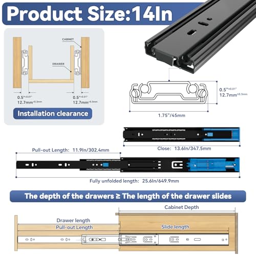 14 Inch Push to Open and Soft Close Drawer Slides,Full Extension,1 Pair - size: 14 Inch