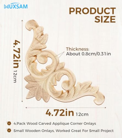 4Pcs Wood Carved Appliques Corner Wooden Carving Onlays Decals for Furniture - size: 4.72 x 4.72 inches