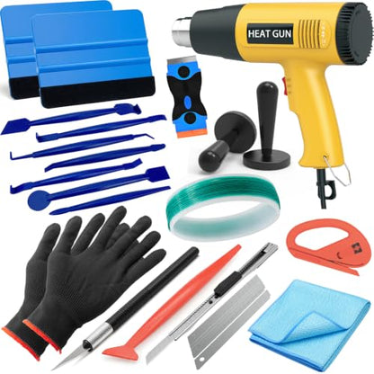 Vinyl Wrap Tool Kit Include Heat Gun, 7PCS Stick Squeegee, Knife Tape, Felt Squeegees, Craft Knife and Utility Knife Plastic Scraper, Vinyl Cutter, Magnet Holders, Cloth, Gloves - color: green