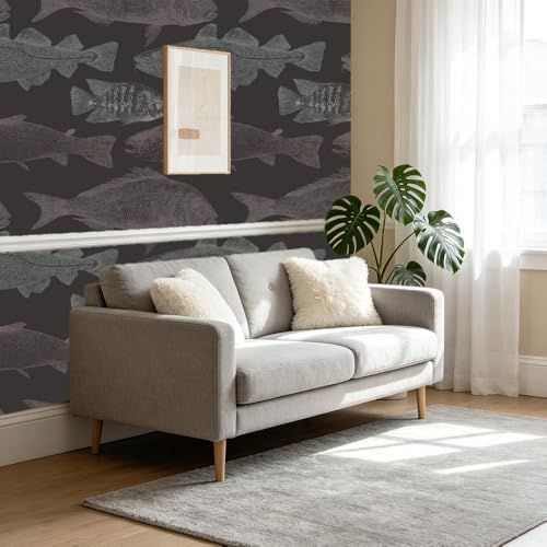 Peel and Stick Wallpaper, Dark Background Fish Sketch Pattern, 236in x 17.7in, Waterproof Vinyl, Removable Reusable, Eco-Friendly, for Bedroom Living Room Rental Apartment - color: Green04, size: 17.7" x 236.2"