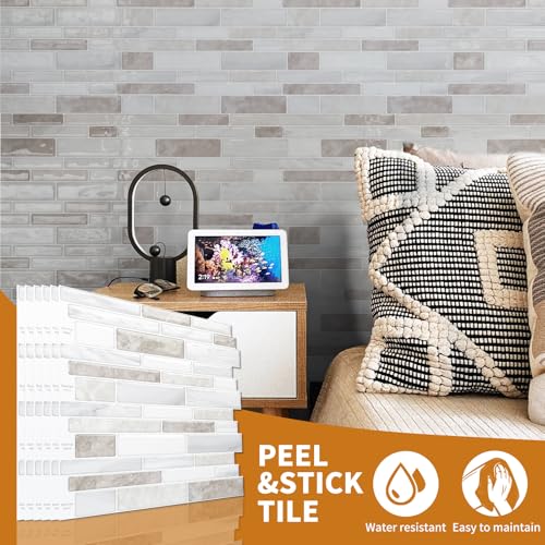 WOWSTAR 10 Sheet Marble Peel and Stick Backsplash for Kitchen,Self-Adhesive Tile Backsplash for Kitchen, Bathroom, 12" x 12", (Beige & White) - color: Beige