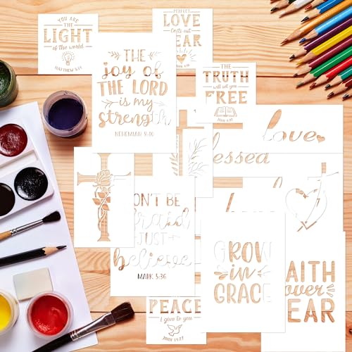 Keluna Christian Stencils for Painting -16 Pcs Religious Bible Verse Stencils for Painting on Wall, Reusable Template for Crafts - style: christian