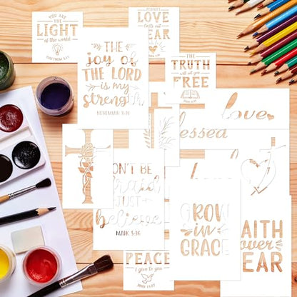 Keluna Christian Stencils for Painting -16 Pcs Religious Bible Verse Stencils for Painting on Wall, Reusable Template for Crafts - style: christian