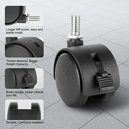 4 Pack 1.5 Inch Swivel Stem Caster Wheels Replacement Casters 1.5'' Furniture Wheel with Locking Brake Metric Threaded Stem M8 Wheels for Table Drawer Plant Shelf Metal Rack Laundry Basket