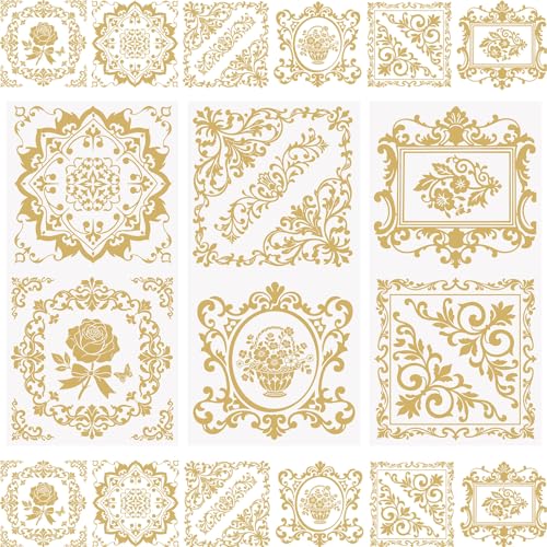 WANDIC 3 Sheets Rub On Transfer Stickers, Golden Border Pattern Waterproof Decals Furniture Craft Decorative, Junk Journals for DIY Scrapbooking, 15 * 30cm - color: Golden Border Pattern 1