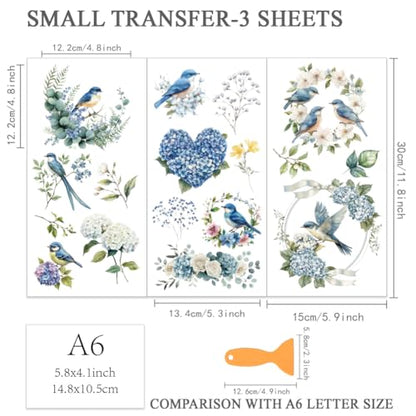 OLYCRAFT 3pcs/Set Blue Bird with Hydrangea Rub on Transfers for Furniture and Crafts 6x12 Inch Nature Theme Furniture Transfer Sticker Decals Transfer Stickers Rub on Decals for Furniture Home Decor - style: Blue Bird