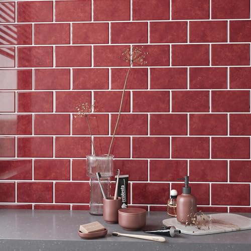 VEELIKE Red Peel and Stick Backsplash Waterproof Subway Kitchen Backsplash Red Peel and Stick Tile 6 Sheets Removable Renter Friendly Backsplash Stick on Tiles for Kitchen Wall Bathroom 12''x12'' - size: Box of 6 Tiles