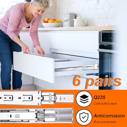 12 inch Drawer Slides 6 Pairs (12pcs) Soft Self Close 3 fold Full Extension Ball Bearing Cabinet Drawer Glides Side Mount for Dresser, Cabinet, Kitchen 100 LB Capacity 12" Silver - size: 12inch-300mm