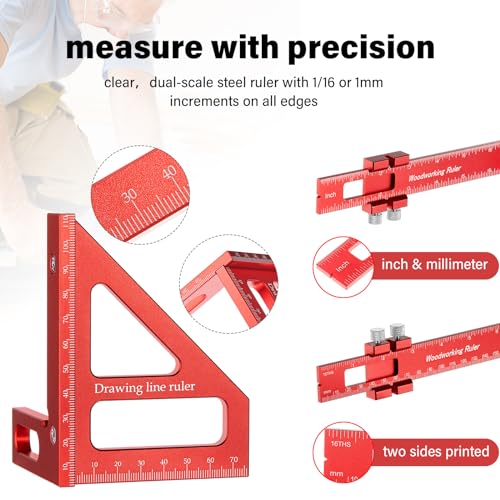 4 Pcs Woodworking Ruler, Metal Precision Pocket Rulers 12, 8, 6 Inch with 3D Multi Angle Measuring Ruler 45/90 Degree for Precision Measuring Marking Inch and Metric