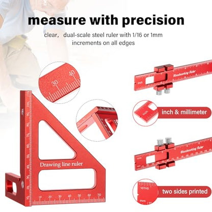 4 Pcs Woodworking Ruler, Metal Precision Pocket Rulers 12, 8, 6 Inch with 3D Multi Angle Measuring Ruler 45/90 Degree for Precision Measuring Marking Inch and Metric