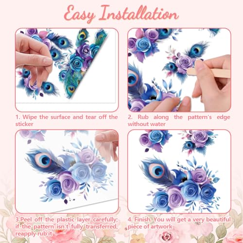 Peacoblue Peacock Flowers Rub On Transfers for Furniture 6"x12" - style: Colorful Peacock Feathers and Flowers