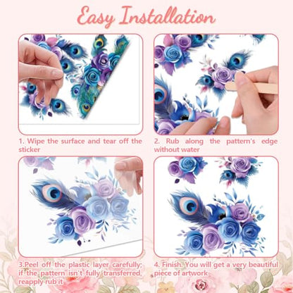 Peacoblue Peacock Flowers Rub On Transfers for Furniture 6"x12" - style: Colorful Peacock Feathers and Flowers