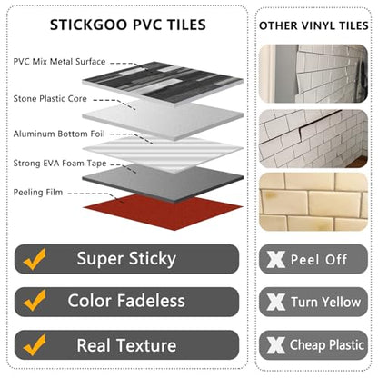 STICKGOO 20 Sheets Peel and Stick Backsplash Tile, Stick on Backsplash for Kitchen and Bathroom, Black Grey Wood Look PVC Mixed Metal Silver Self Adhesive Wall Tiles - color: Black Grey + Metal Silver