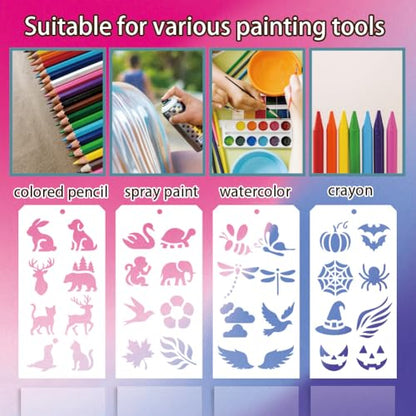 12 Sheets Decorative Painting Templates, 96 Styles Crowns Flowers Animals Christmas Halloween Drawing Templates Reusable Border Stencil for Painting on Wall Wood Home Holiday Decor - style: Mixed Elements