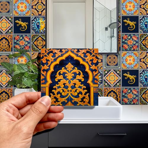 72 Pcs 9 Style Spanish Motifs Style Peel and Stick Wall Tile Sticker Retro Pattern Wall Stickers Waterproof Self Adhesive Stick on Tile Decals for Kitchen Bathroom Art Decor, 4×4 Inch - style: Spanish Motifs