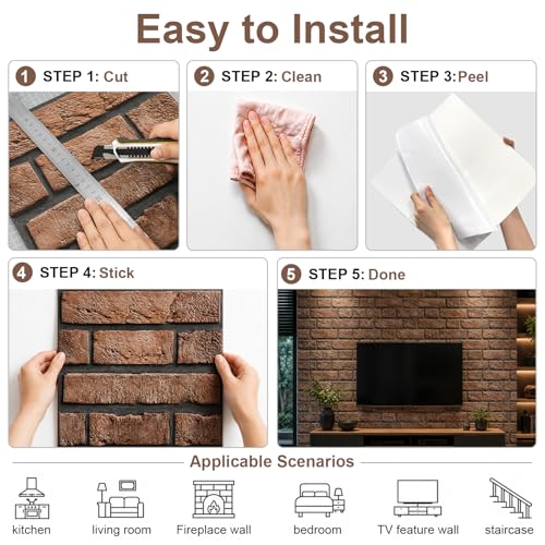 3D Brick Wall Panels Peel and Stick,10Pcs Self Adhesive PVC Tiles - color: Tawny Brick
