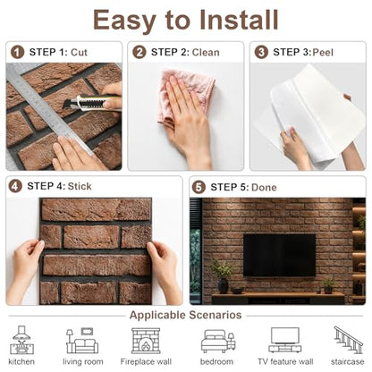 3D Brick Wall Panels Peel and Stick,10Pcs Self Adhesive PVC Tiles - color: Tawny Brick