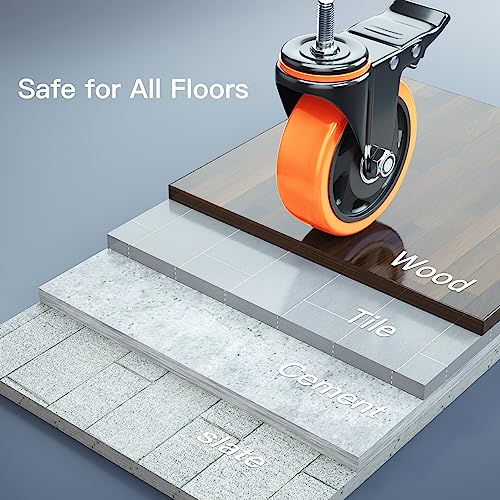 Caster Wheels Heavy Duty 3" Locking Caster Set of 4 Threaded Stem 1/2" - color: Orange, size: 3in(1/2"-13)
