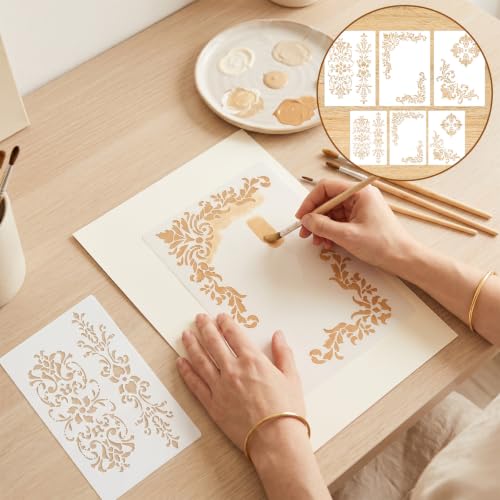 6PCS Border Stencils for Painting, Reusable Stencils for Crafts with 3 Designs for Wood, Wall, Fabric, Transparent White Pet