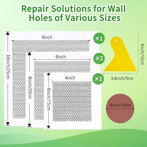 4/6/8 Inch Drywall Repair Kit for Wall & Ceiling, 8 Pack Heavy Duty Self-Adhesive Mesh Patch Kits for Small to Medium Holes with Scraper & Sandpapers