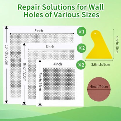 4/6/8 Inch Drywall Repair Kit for Wall & Ceiling, 8 Pack Heavy Duty Self-Adhesive Mesh Patch Kits for Small to Medium Holes with Scraper & Sandpapers