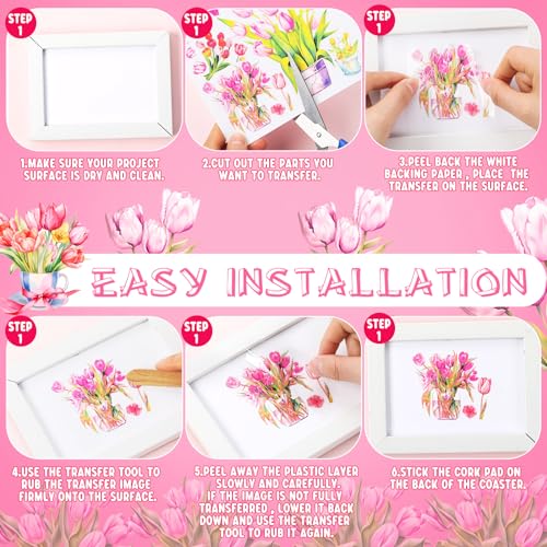 Dispowreath 16 Sheets Pink Tulip Spring Rub on Transfers for Crafts 6x6 Inch Flower Rub on Transfers Stickers Spring Stickers Decals for Home Paper Wood DIY Furniture - style: Tulip