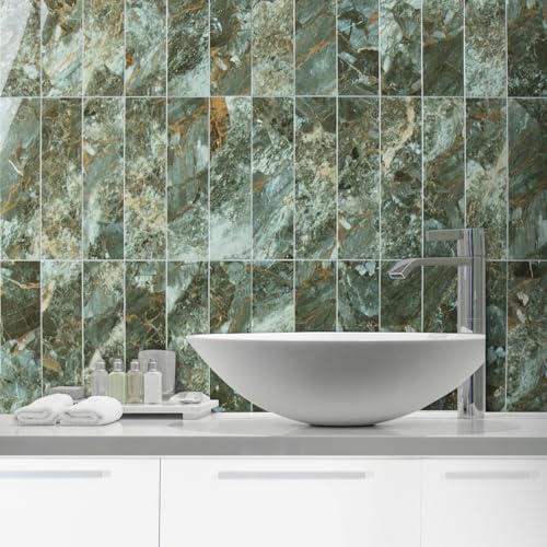 AULIGET 4-Piece Polished Green Marble with Gold Peel and Stick Backsplash Wall Tiles, 3" x 12" PVC Faux Stone Stick on Tiles for Backsplash Kitchen, Bathroom, Laundry Room, Camper, Fireplace - color: Polished Green Marble & Gold, size: 4 Pieces, 3"x12"x0.