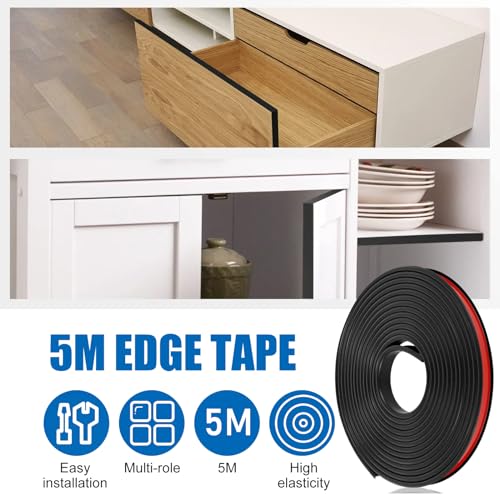 16.4FT U-Shape Plywood Edge Banding, 3/4 inch Rubber U Channel Edge Trim Self Adhesive Edge Protector for Veneer Countertop Table Cabinet Repair Furniture (15mm, Black)