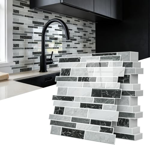 Vieshful Marble Peel and Stick Backsplash, 12 x 12 in, 10 Sheets - color: Black Grey Marble Mix, size: 10 Sheets