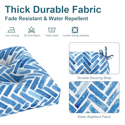 DYTXIII Set of 2 Outdoor Chair Cushions 19"x19"x4", Water Repellent Tufted Patio Seat Cushions with Ties, Thick Replacement Pads for Wicker Dining Chairs, Patio Furniture, Blue Bricks - color: Blue Bricks