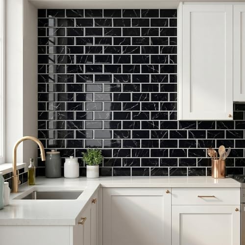 Arttown Peel and Stick 3D Wall Backsplash, 10-Sheet, 12" × 12" Black - color: Black Marble, size: 10PC 12"x12"