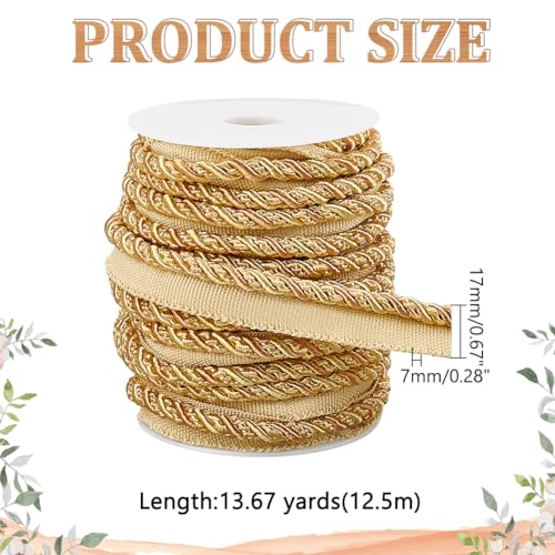 WADORN 13.67 Yards Twist Lip Cord Trim, 5/8 Inch Polyester Upholstery Trim Cord Rope Ribbon Basic Handmade Cord Trim for Costume DIY Crafts Decoration Upholstery Curtain Tieback, Gold