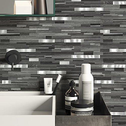 Midcard 10 Sheets Peel and Stick Backsplash PVC Wall Tile,for Kitchen Backsplash - color: Rectangular Black Grey Wood with Metal Silver