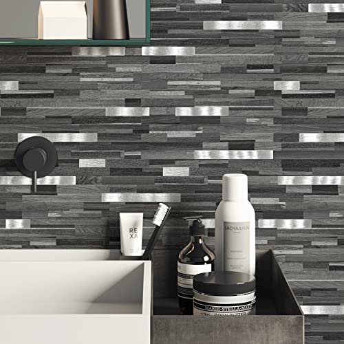 Midcard 10 Sheets Peel and Stick Backsplash PVC Wall Tile,for Kitchen Backsplash - color: Rectangular Black Grey Wood with Metal Silver