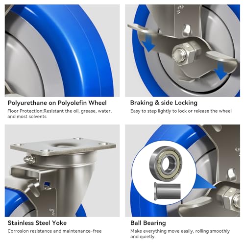 5" Stainless Steel Casters, Swivel Industrial Casters Set of 4 Heavy Duty, Anti-Corrosion Rust-Proof Plate Polyurethane Caster Wheels for Cart (4 Brake) - style: 4 Brake