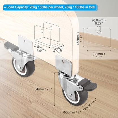 PATIKIL 2" Swivel Caster Wheels with 3/4" U Bracket, 4 Pack Mute Moving Swivel Wheel Replacement with Brake Total Load 165lbs for Cabinet Furniture Table - size: 2"