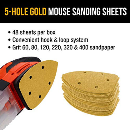Dura-Gold Mouse Detail Sander Sandpaper, 5 Hole, 48 Assorted Grit Sanding - size: Variety Pack