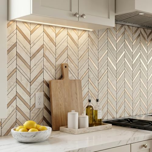 Yipscazo 10-Sheet Herringbone Backsplash Peel and Stick Tile, Light Beig Stone PVC Stick on Backsplash for Kitchen, Waterproof Self Adhesive Wall Tile for Bathroom - color: Light Beige Stone