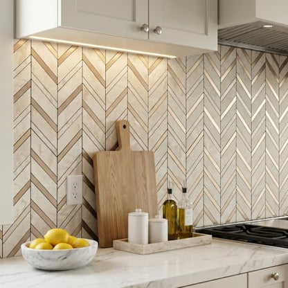 Yipscazo 10-Sheet Herringbone Backsplash Peel and Stick Tile, Light Beig Stone PVC Stick on Backsplash for Kitchen, Waterproof Self Adhesive Wall Tile for Bathroom - color: Light Beige Stone