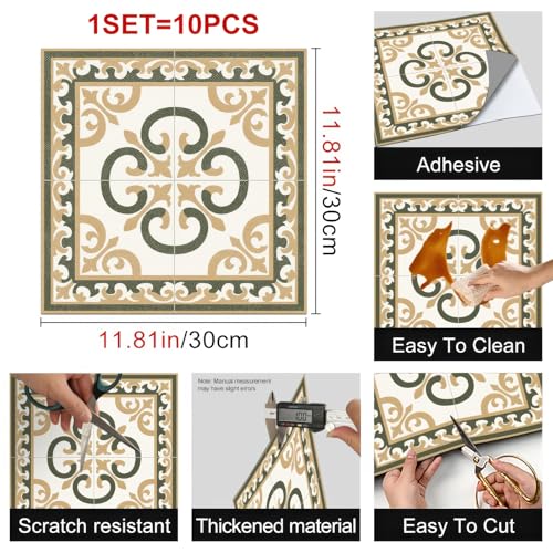 HOMETITUTE Baroque Olive Beige Swirl Peel Stick Floor 12x12 Vinyl - color: Green