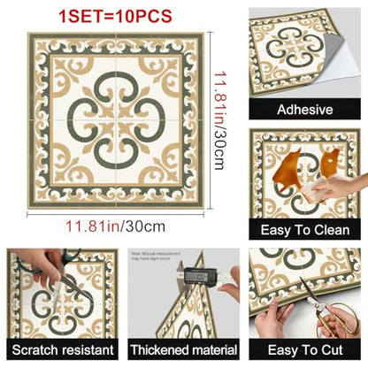 HOMETITUTE Baroque Olive Beige Swirl Peel Stick Floor 12x12 Vinyl - color: Green