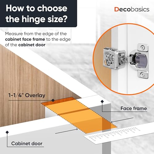 Decobasics 50 Pack Soft Close Cabinet Hinges – 1" Overlay for Kitchen Cabinet Doors, Face Frame Concealed Hidden Hinges – Stainless Steel, Self-Closing with 3-Way Adjustment & Slow Close Damper - size: 1 Inch
