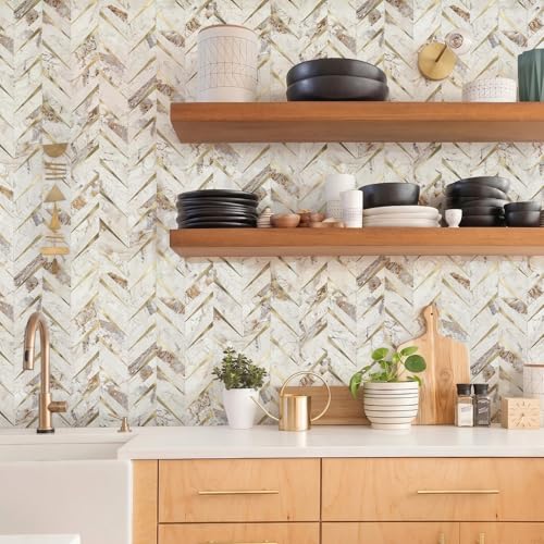 STICKGOO Herringbone Tile Peel and Stick Backsplash for Kitchen&Bathroom - color: Polished Pandora Marble Mixed Metal Gold