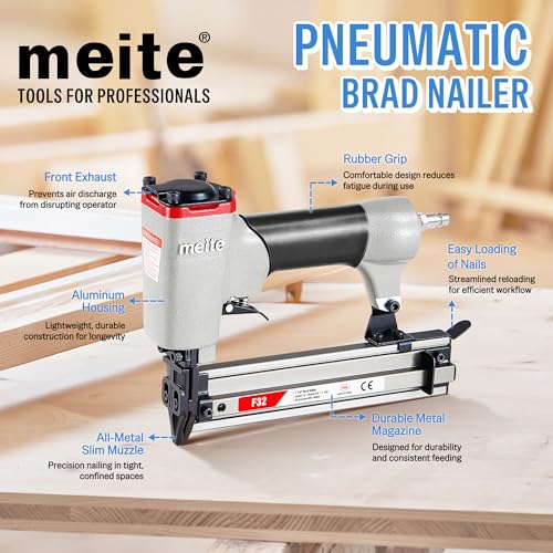 meite F32 Pneumatic Brad Nailer Kit Includes 1,000pcs 18 Gauge Brad Nails 1-Inch, Small Finishing Nail Gun Nails Ideal for Trim Work, Furniture Building & Finish Applications