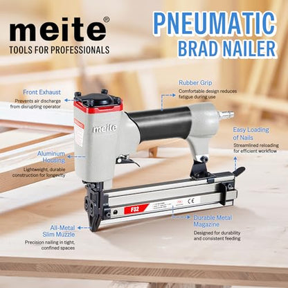 meite F32 Pneumatic Brad Nailer Kit Includes 1,000pcs 18 Gauge Brad Nails 1-Inch, Small Finishing Nail Gun Nails Ideal for Trim Work, Furniture Building & Finish Applications
