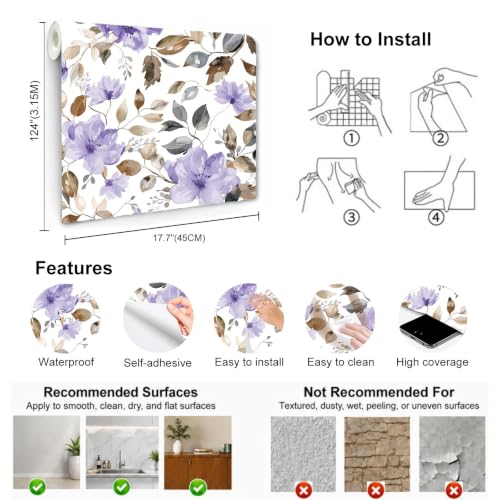 Modern Purple Floral Peel and Stick Wallpaper 17.7" x 124" - color: Purple/Brown, size: 17.7" x 124"