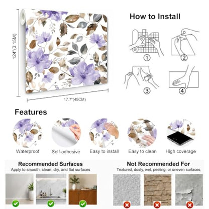 Modern Purple Floral Peel and Stick Wallpaper 17.7" x 124" - color: Purple/Brown, size: 17.7" x 124"