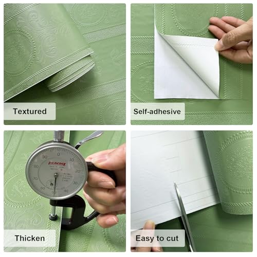 JiffDiff Green 3D Embossed Textured Peel Stick Wallpaper 17.3"x800" - color: Green, size: 17.3" x 800"