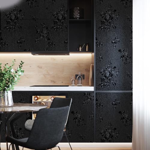 Erfoni Black Peel and Stick Wallpaper Black Floral Embossed Contact Paper - color: Black, size: 17.7" x 394"