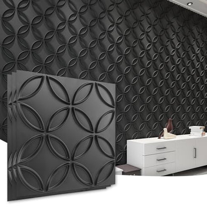 Art3d PVC 3D Wall Panel Interlocked Circles, Cover 32 Sq.ft, Matt Black - color: Black